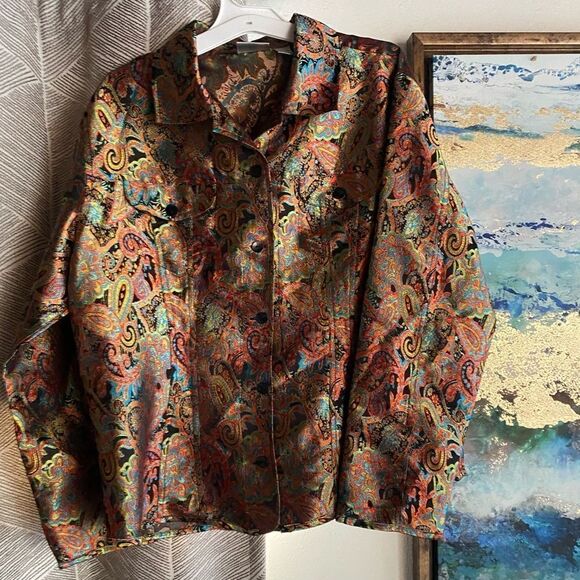 Chico's Jacket Womans Sz M Silk Blend Paisley Multicolor Metallic Button Pocket - Picture 15 of 16